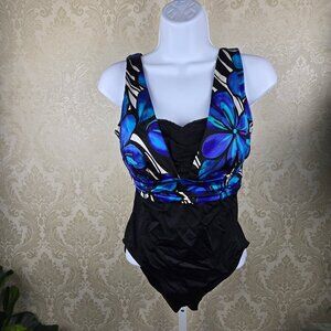 Inches Away Size 8 One Piece Swimsuit Black Purple Blue White Floral Print